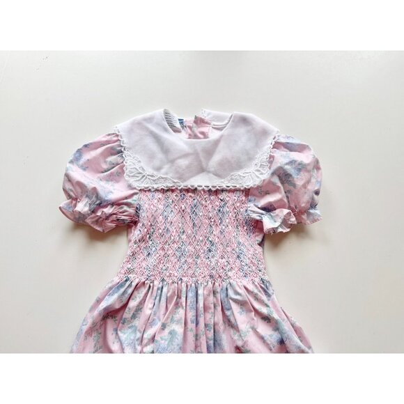 Vintage POLLY FLINDERS Pink Floral Polycotton Smocked Fit & Flare Dress, Size 7 - Picture 3 of 9
